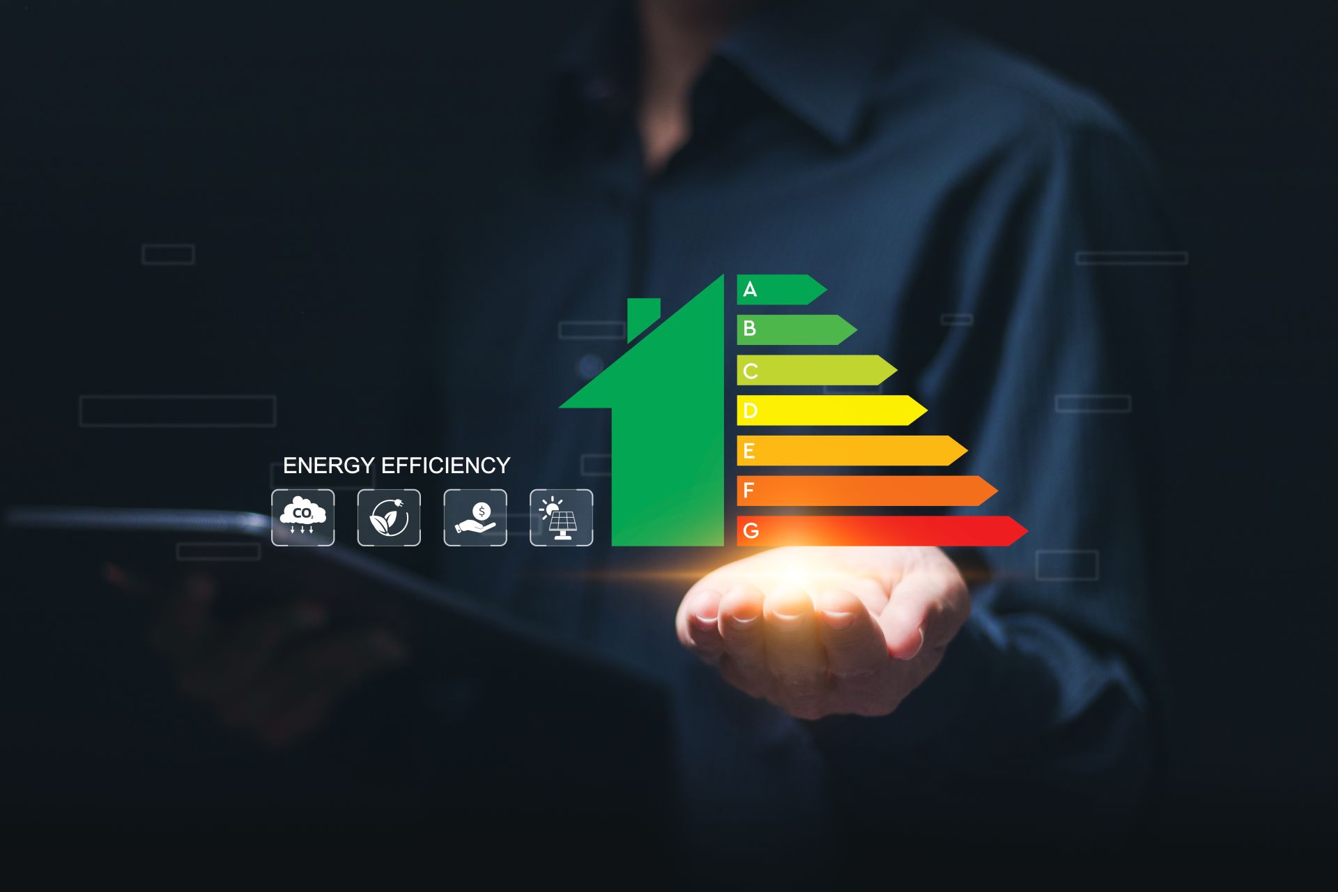 Eine Visualisierung der Energieeffizienzklassen von A bis G für Gebäude. Tipps zur Senkung der Heizkosten und Heizöl kaufen.