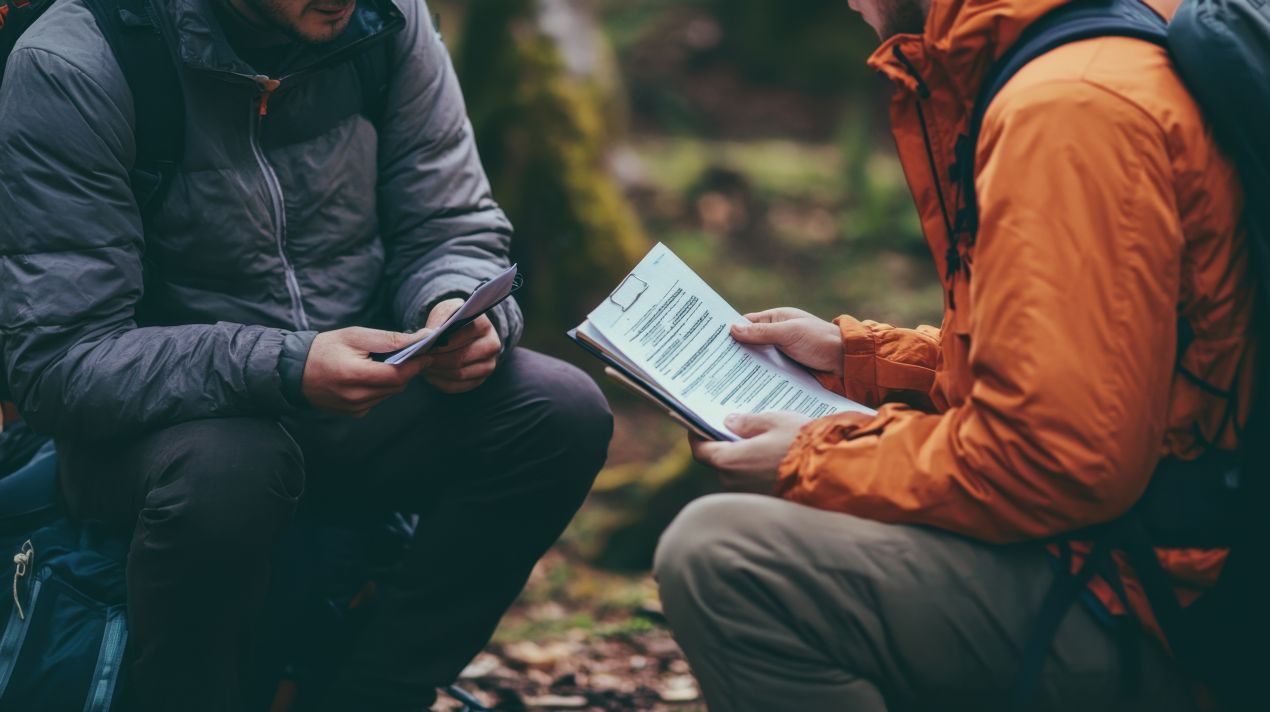 Zwei Wanderer überprüfen Dokumente und Checklisten in einer Outdoor-Umgebung – essenziell für die Besteigung Kilimandscharo.