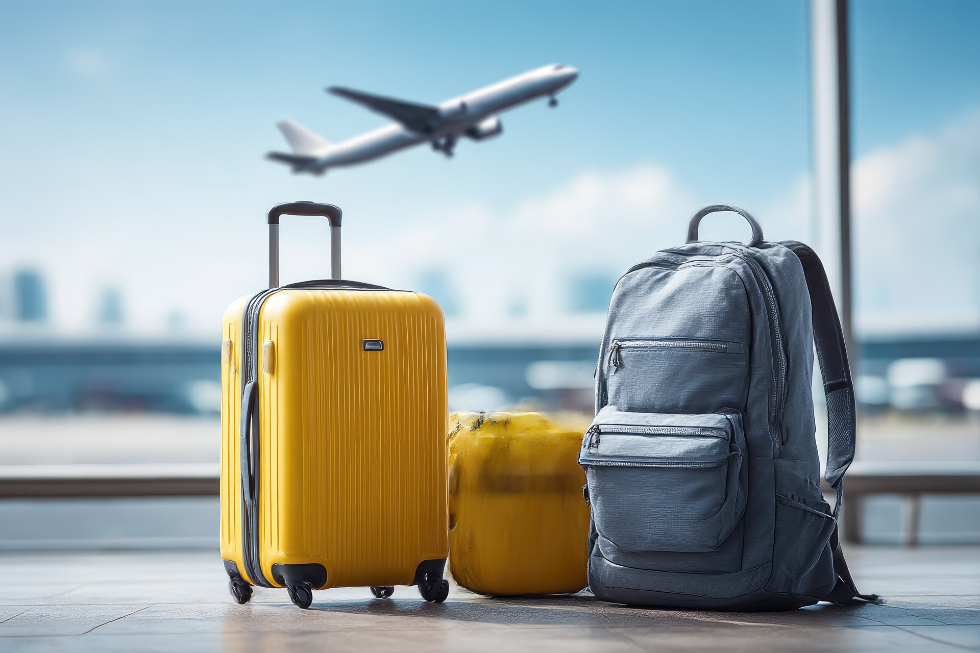 Gepäck und Rucksack im Flughafen mit Flugzeug | Strand Aktivitäten