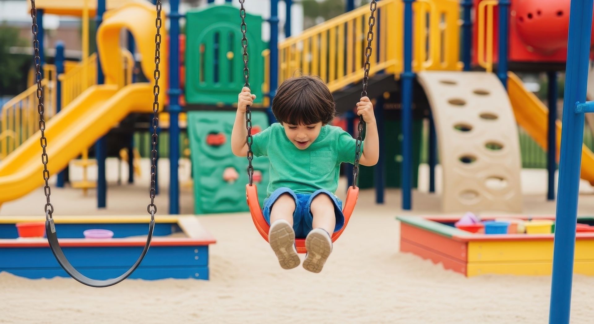 Kleiner Junge mit grünem T-Shirt schaukelt fröhlich auf einem Spielplatz mit bunten Rutschen und Klettergeräten im Hintergrund
